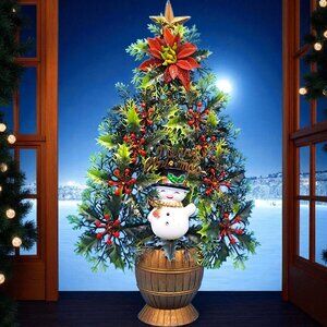 Merry Christmas Tree Snowman Flocked Poinsettia 1970s Kitsch Plastic Hong Kong